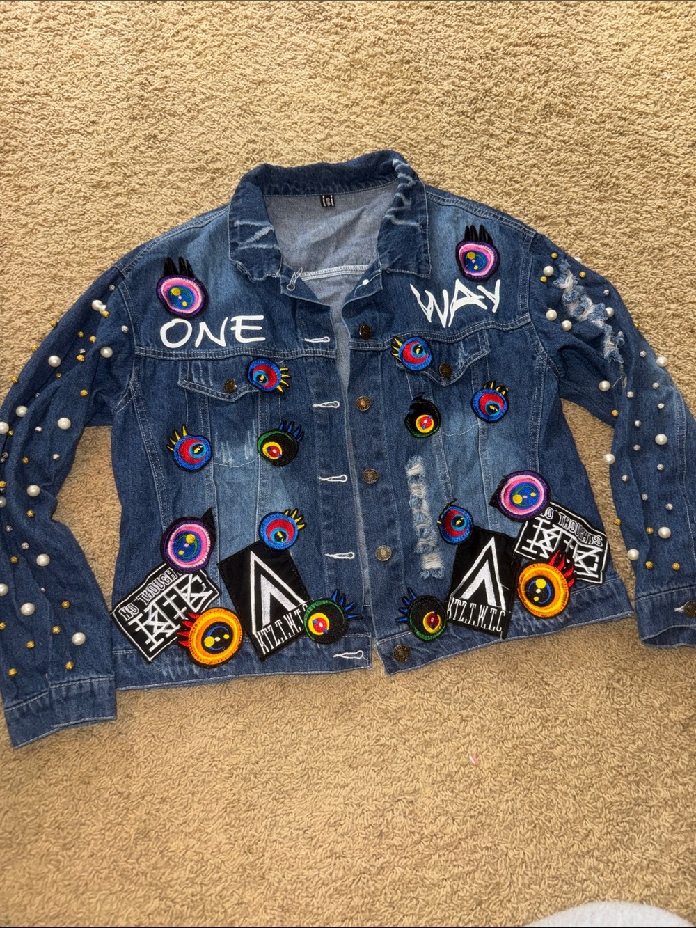 Custom Embellished Denim Jacket with Colorful Eye Patches